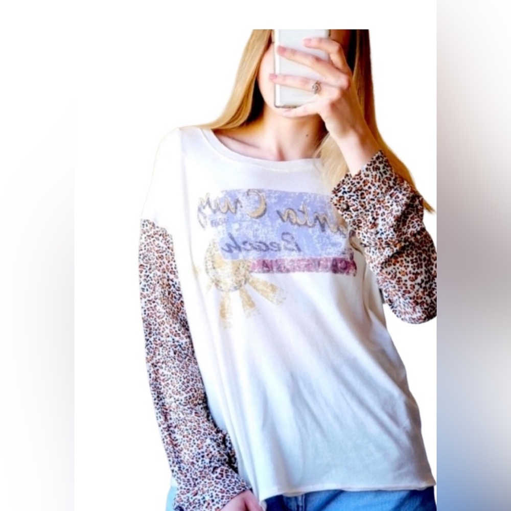 Free People Vintage Santa Cruz Beach Leopard Sleeve T Shirt M Rare